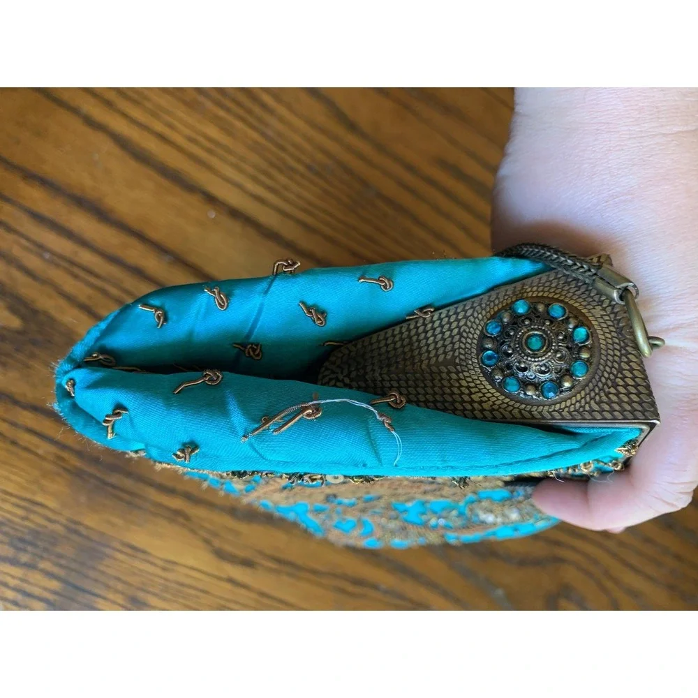 Vintage Blue Beaded Evening Bag Handbag Turquoise Goldwork Embroidery Fair